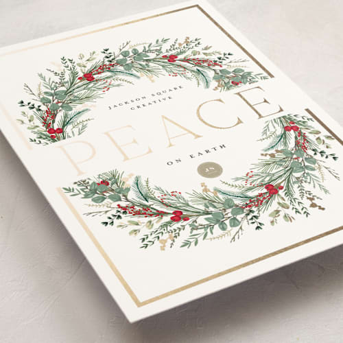 This is a candy cane business holiday cards with foil pressed by Susan Moyal called peace on earth printing on signature in standard