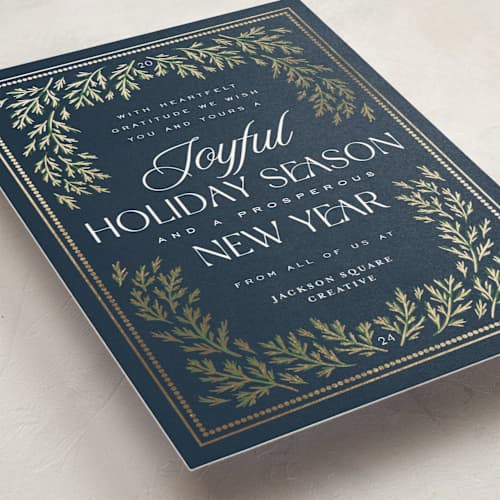 This is a winter night business holiday cards with foil pressed by Erin German called pine border printing on signature in standard