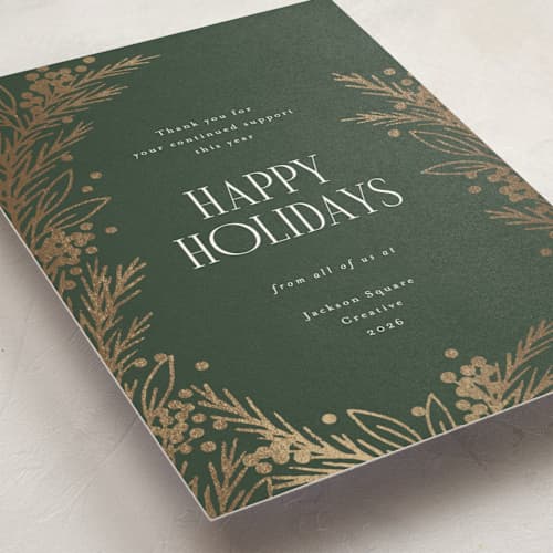 This is a forest business holiday cards with foil pressed by Michelle Taylor called gilded edge printing on signature in standard