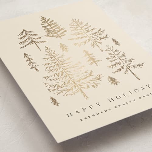 This is a cream business holiday cards with foil pressed by Amy Kross called spruce shine printing on signature in standard
