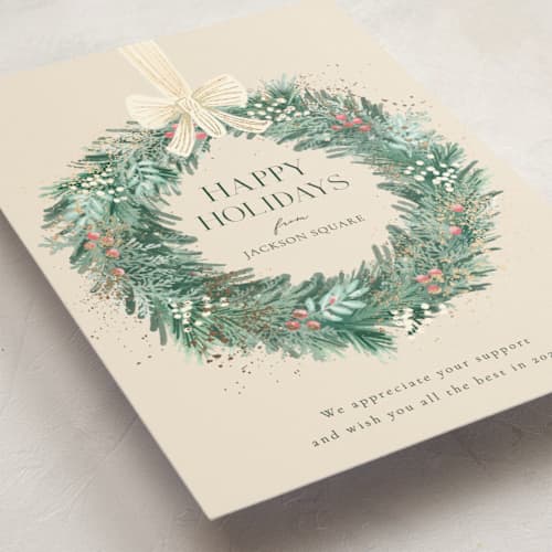 This is a vanilla business holiday cards with foil pressed by frau brandt called natural wreath printing on signature in standard