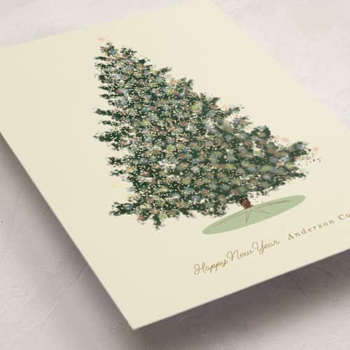 This is a chardonnay business holiday cards with foil pressed by Baumbirdy called pastel tree printing on signature in standard