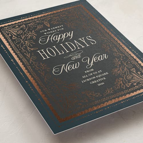 This is a coal business holiday cards with foil pressed by Hannah Williams called gilded hand drawn frame printing on signature in standard