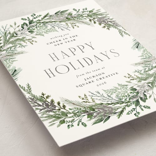This is a pine needle business holiday cards with foil pressed by Susan Moyal called pine wreath printing on signature in standard
