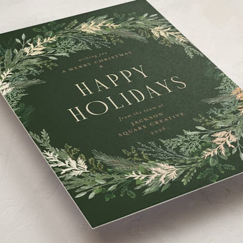 This is a balsam business holiday cards with foil pressed by Susan Moyal called pine wreath printing on signature in standard