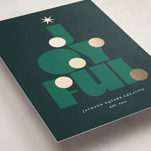 This is a evergreen business holiday cards with foil pressed by Lori Wemple called joy tree printing on signature in standard