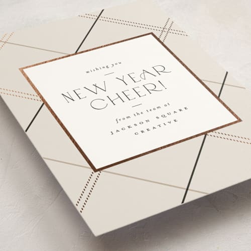 This is a latte business holiday cards with foil pressed by Carolyn Nicks called minimal plaid printing on signature in standard