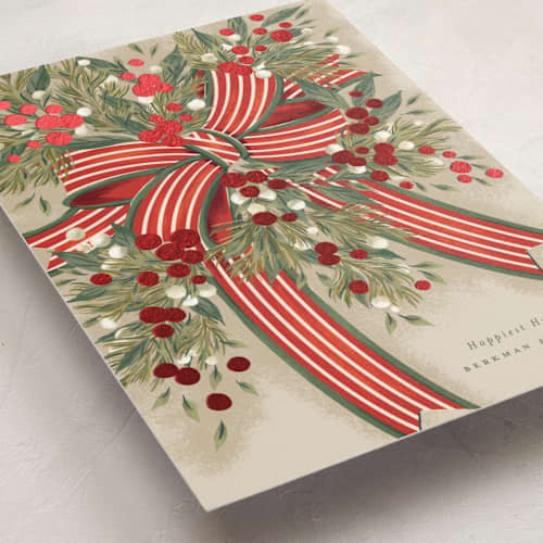 This is a santa business holiday cards with foil pressed by Jackie Crawford called ribbon bouquet printing on signature in standard