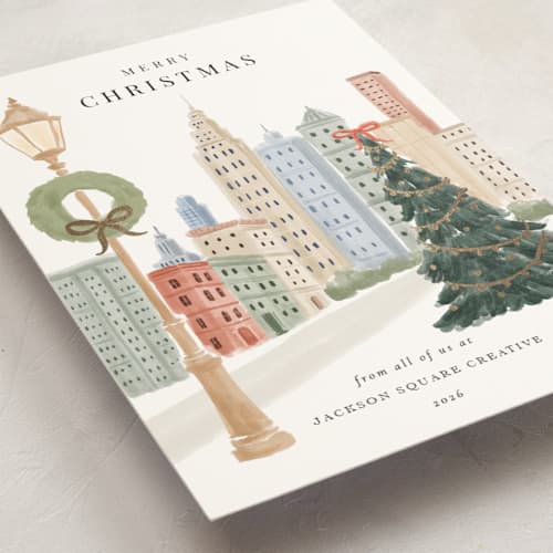 This is a snow business holiday cards with foil pressed by Elly called city printing on signature in standard