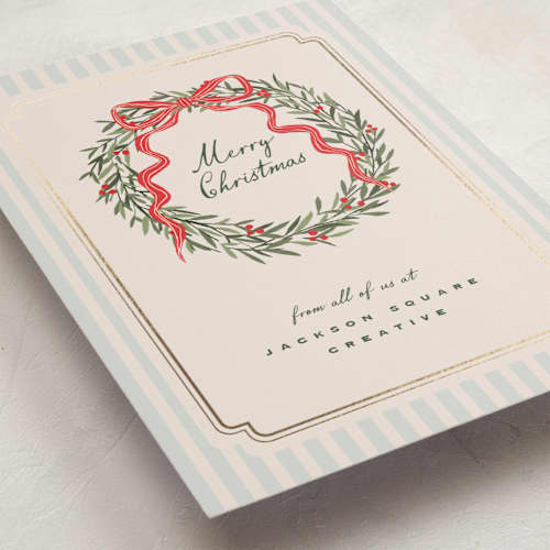 This is a powder blue business holiday cards with foil pressed by chocomocacino called karydopita printing on signature in standard