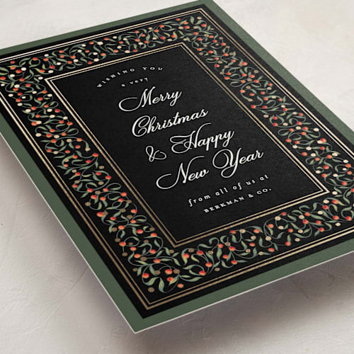 This is a coal business holiday cards with foil pressed by Jackie Crawford called berry frame printing on signature in standard
