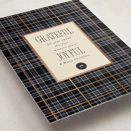 This is a charcoal business holiday cards with foil pressed by Corinne Malesic called grateful plaid printing on signature in standard