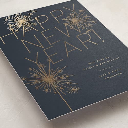 This is a midnight foil pressed holiday cards with foil pressed by Paula Pecevich called sparkling new year printing on signature in standard