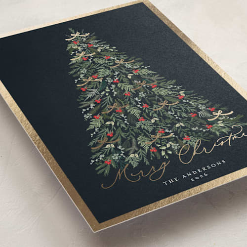 This is a holly berry foil pressed holiday cards with foil pressed by Susan Moyal called greenery tree printing on signature in standard