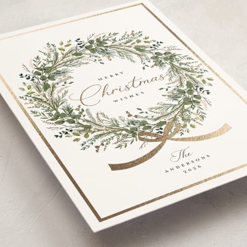 This is a pine foil pressed holiday cards with foil pressed by Susan Moyal called christmas bow printing on signature in standard