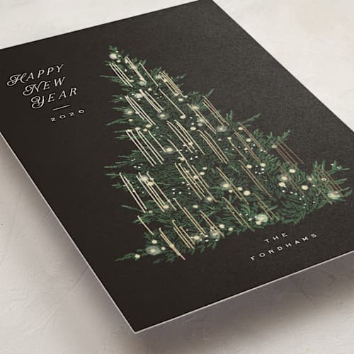 This is a charcoal foil pressed holiday cards with foil pressed by Leah Bisch called tinsel tree printing on signature in standard