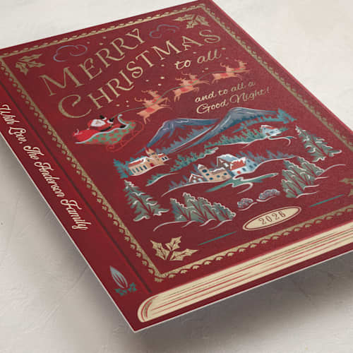 This is a cranberry foil pressed holiday cards with foil pressed by Paper Sun Studio called the night before christmas printing on signature in standard