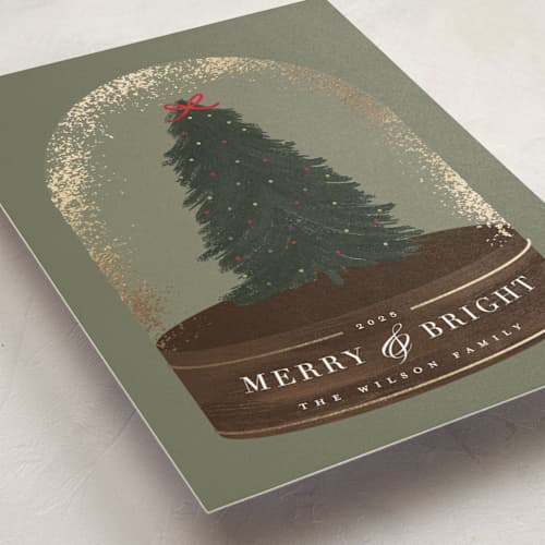 This is a evergreen foil pressed holiday cards with foil pressed by Hudson meet Rose called merry & bright printing on signature in standard