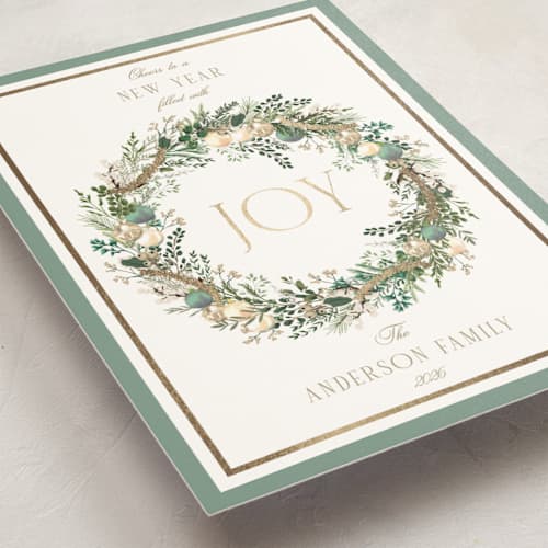 This is a wintermint foil pressed holiday cards with foil pressed by Susan Moyal called peace, love & hope printing on signature in standard