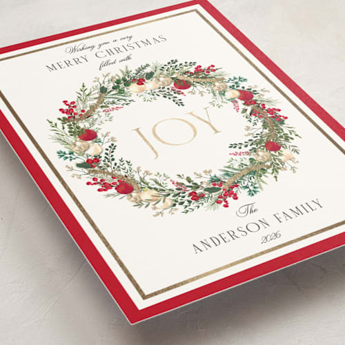This is a holly berry foil pressed holiday cards with foil pressed by Susan Moyal called peace, love & hope printing on signature in standard