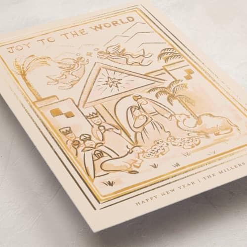 This is a honey foil pressed holiday cards with foil pressed by Teju Reval called nativity scene printing on signature in standard