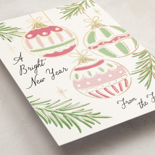 This is a gumdrop foil pressed holiday cards with foil pressed by Erin German called bright ornaments printing on signature in standard