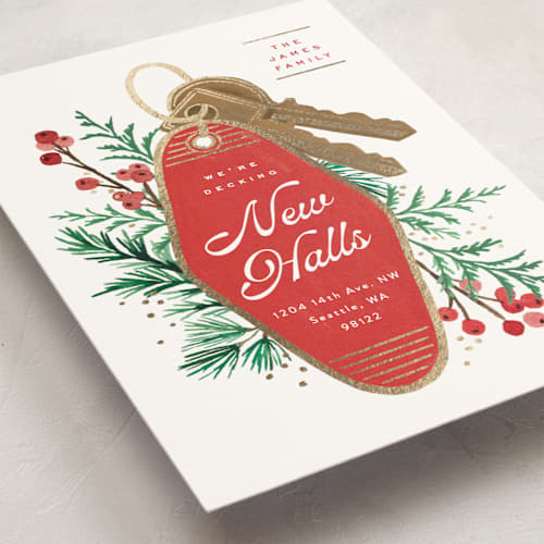 This is a cranberry foil pressed holiday cards with foil pressed by Alethea and Ruth called new halls printing on signature in standard