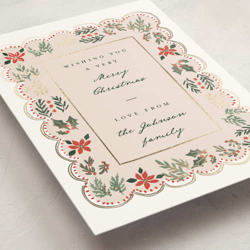 This is a eggnog foil pressed holiday cards with foil pressed by Rebecca Durflinger called cottage winter botanicals printing on signature in standard