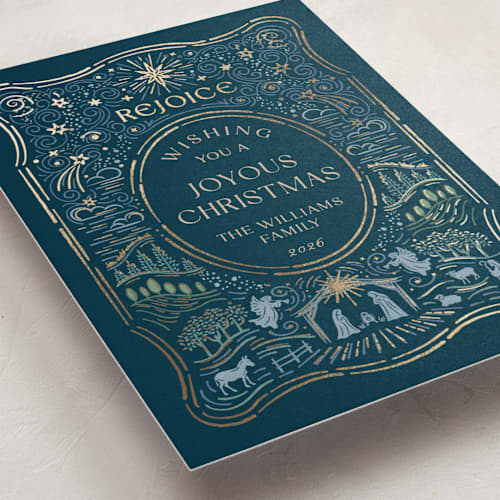 This is a silent night foil pressed holiday cards with foil pressed by Paper Sun Studio called o holy night printing on signature in standard