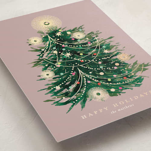 This is a mulberry foil pressed holiday cards with foil pressed by lori jacobs wemple called glowy tree printing on signature in standard