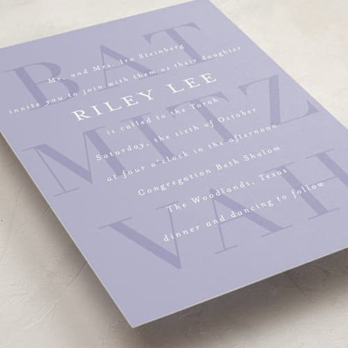 This is a lavender bar mitzvah bat mitzvah invitations with standard by Jackie Crawford called bold mitzvah printing on signature in standard