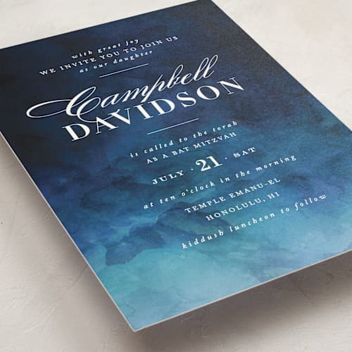This is a ocean bar mitzvah bat mitzvah invitations with standard by Kelly Schmidt called indigo sea printing on signature in standard
