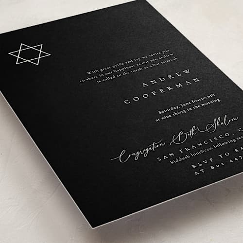 This is a midnight bar mitzvah bat mitzvah invitations with standard by Kelly Schmidt called corner printing on signature in standard