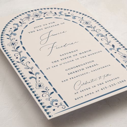 This is a navy bar mitzvah bat mitzvah invitations with standard by Meagan Christensen called talavera printing on signature in standard