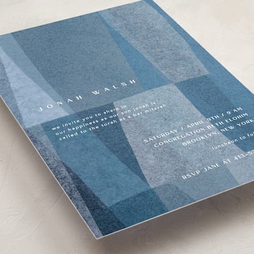 This is a seaside bar mitzvah bat mitzvah invitations with standard by Carrie Moradi called denim patchwork printing on signature in standard