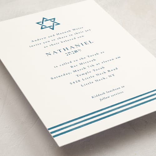 This is a lake bar mitzvah bat mitzvah invitations with standard by Olivia Raufman called painted star printing on signature in standard
