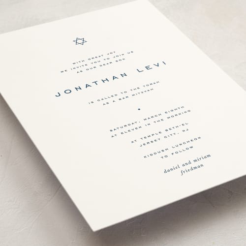 This is a navy bar mitzvah bat mitzvah invitations with standard by Blustery August called celebrate printing on signature in standard