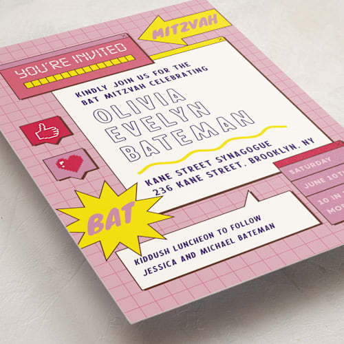 This is a strawberry bar mitzvah bat mitzvah invitations with standard by Jennifer Lew called bitmap printing on signature in standard