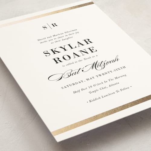 This is a powder bar mitzvah bat mitzvah invitations with foil pressed by Stacey Meacham called classic monogram printing on signature in standard