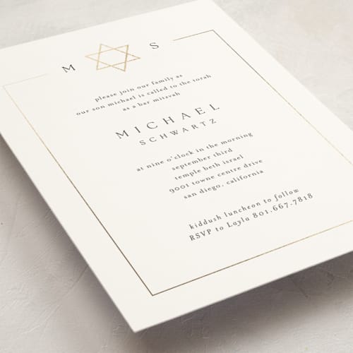 This is a silk bar mitzvah bat mitzvah invitations with foil pressed by Kelly Schmidt called framed monogram printing on signature in standard