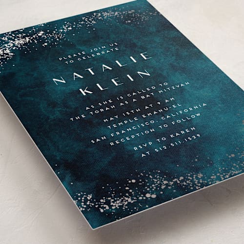 This is a aquamarine bar mitzvah bat mitzvah invitations with foil pressed by chocomocacino called oponki printing on signature in standard