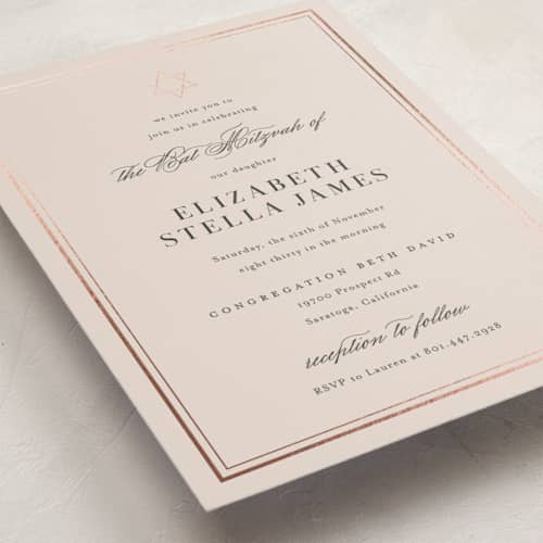 This is a barely blush bar mitzvah bat mitzvah invitations with foil pressed by Jennifer Postorino called polished printing on signature in standard