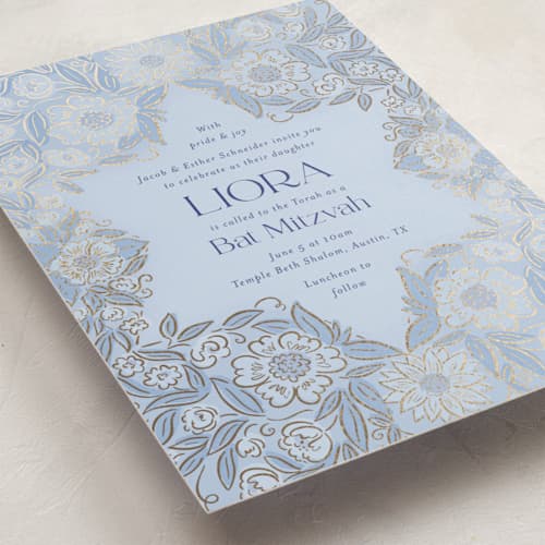 This is a sky bar mitzvah bat mitzvah invitations with foil pressed by Simona Camp called blooming mitzvah printing on signature in standard