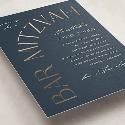 This is a ocean bar mitzvah bat mitzvah invitations with foil pressed by Pixel and Hank called the bar mitzvah printing on signature in standard