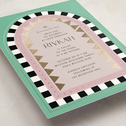 This is a aqua bar mitzvah bat mitzvah invitations with foil pressed by Becky Nimoy called hollywood deco printing on signature in standard