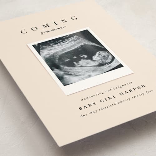 This is a peach pregnancy announcements with standard by Lori Wemple called coming soon snap printing on signature in standard