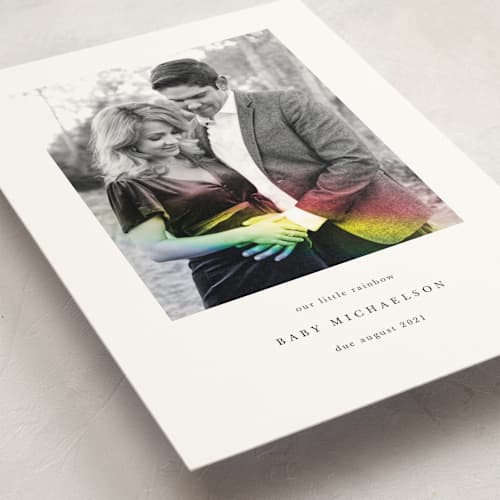 This is a rainbow pregnancy announcements with standard by Maria Hilas-Louie called rainbow light printing on signature in standard