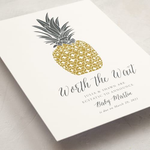 This is a pineapple pregnancy announcements with standard by Beth Schneider called guilded pineapples printing on signature in standard