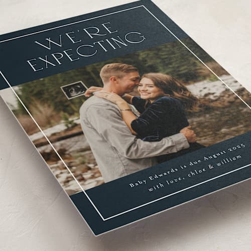 This is a navy pregnancy announcements with standard by Stacey Meacham called eternity printing on signature in standard