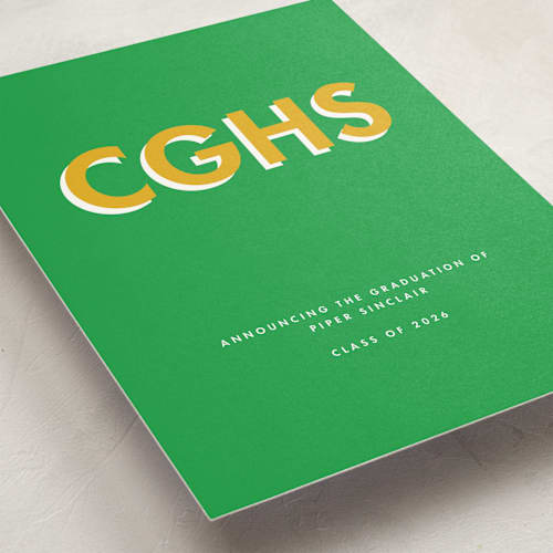 This is a grass graduation announcements with standard by mo kelley called bold initials printing on signature in standard